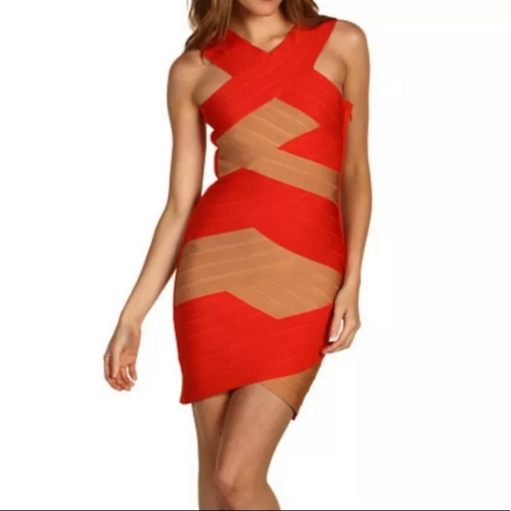 Stretta red & nude Bandage body con dress
